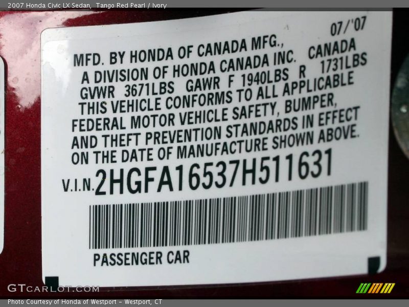 Tango Red Pearl / Ivory 2007 Honda Civic LX Sedan