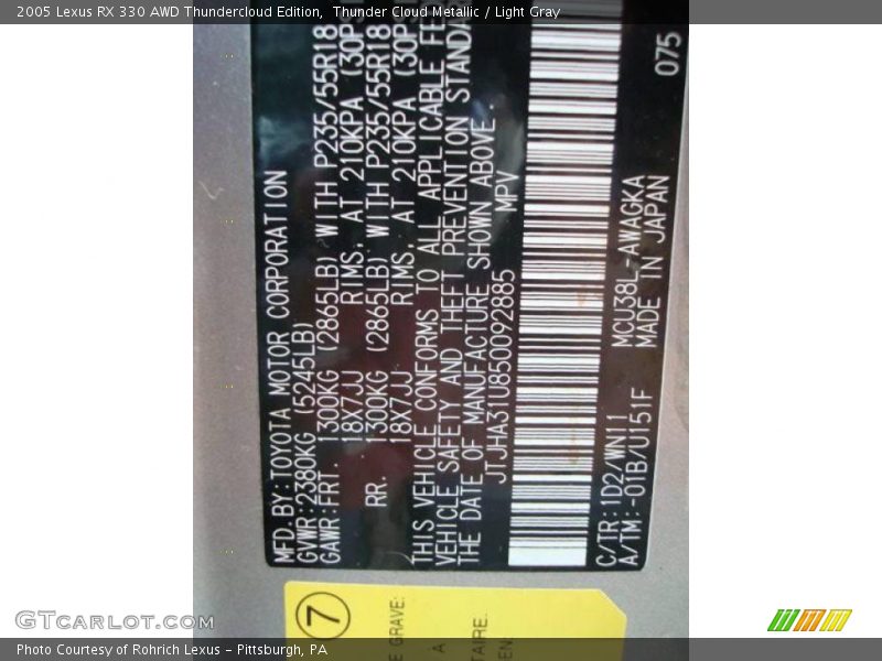 Thunder Cloud Metallic / Light Gray 2005 Lexus RX 330 AWD Thundercloud Edition