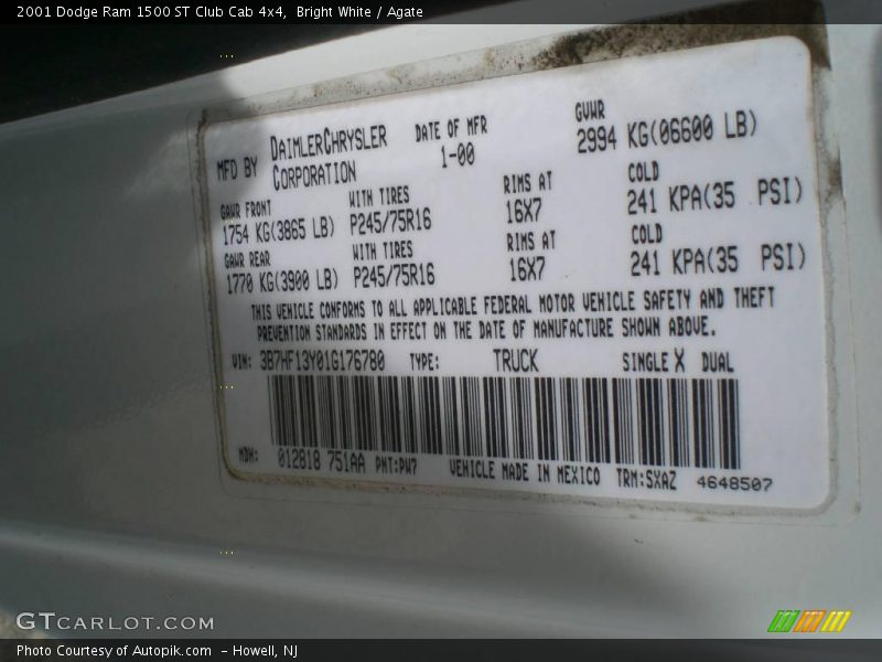 Bright White / Agate 2001 Dodge Ram 1500 ST Club Cab 4x4