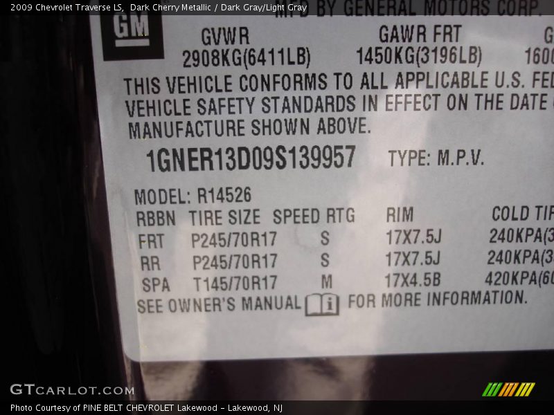 Dark Cherry Metallic / Dark Gray/Light Gray 2009 Chevrolet Traverse LS