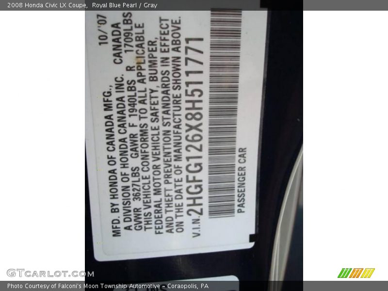 Royal Blue Pearl / Gray 2008 Honda Civic LX Coupe