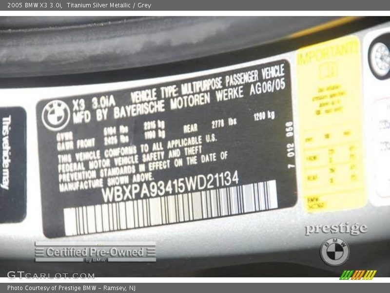 Titanium Silver Metallic / Grey 2005 BMW X3 3.0i