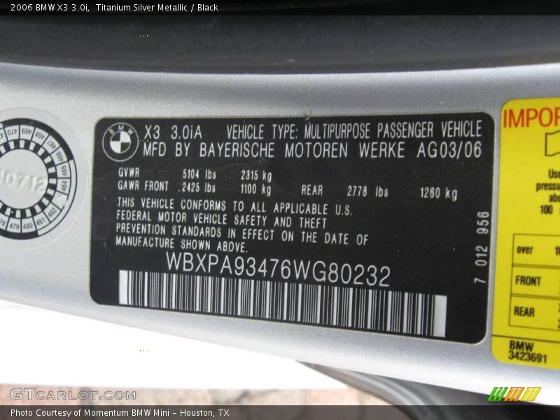 Titanium Silver Metallic / Black 2006 BMW X3 3.0i