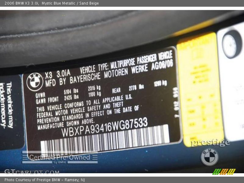 Mystic Blue Metallic / Sand Beige 2006 BMW X3 3.0i