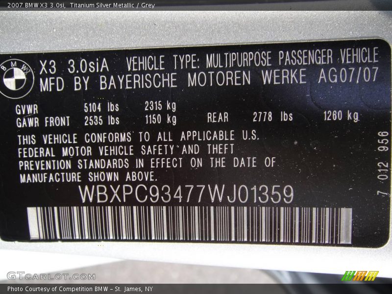 Titanium Silver Metallic / Grey 2007 BMW X3 3.0si