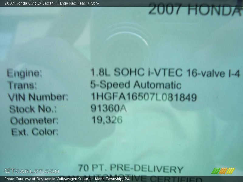 Tango Red Pearl / Ivory 2007 Honda Civic LX Sedan