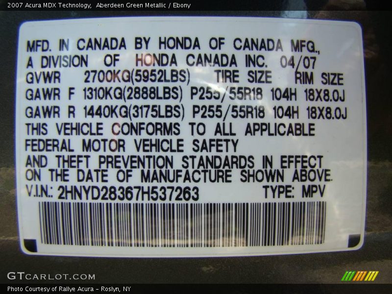 Aberdeen Green Metallic / Ebony 2007 Acura MDX Technology