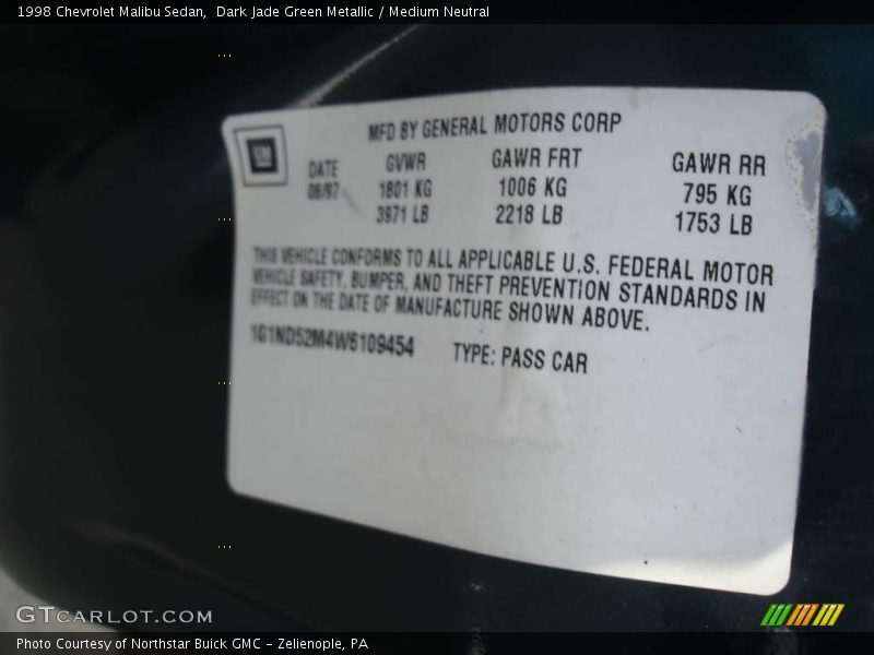 Dark Jade Green Metallic / Medium Neutral 1998 Chevrolet Malibu Sedan