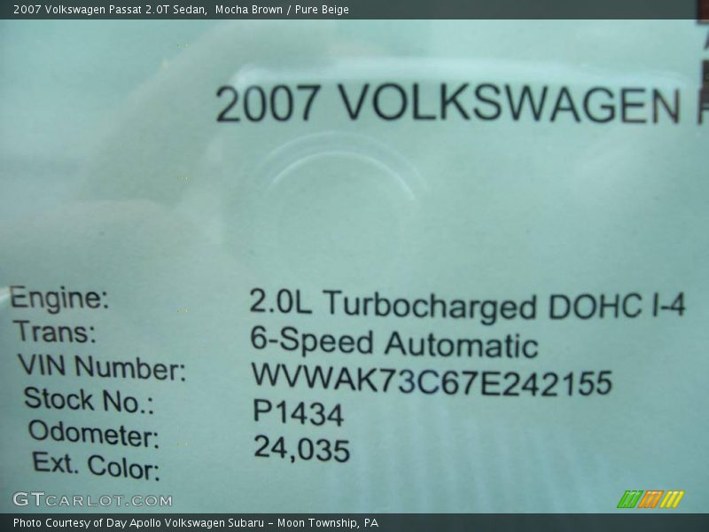 Mocha Brown / Pure Beige 2007 Volkswagen Passat 2.0T Sedan