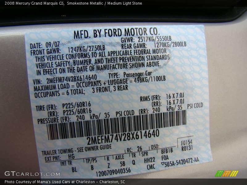 Smokestone Metallic / Medium Light Stone 2008 Mercury Grand Marquis GS