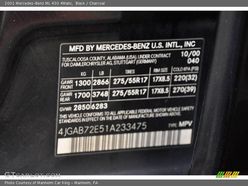 Black / Charcoal 2001 Mercedes-Benz ML 430 4Matic