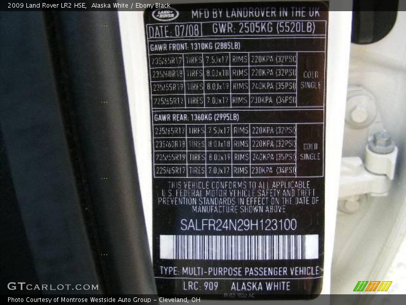 Alaska White / Ebony Black 2009 Land Rover LR2 HSE