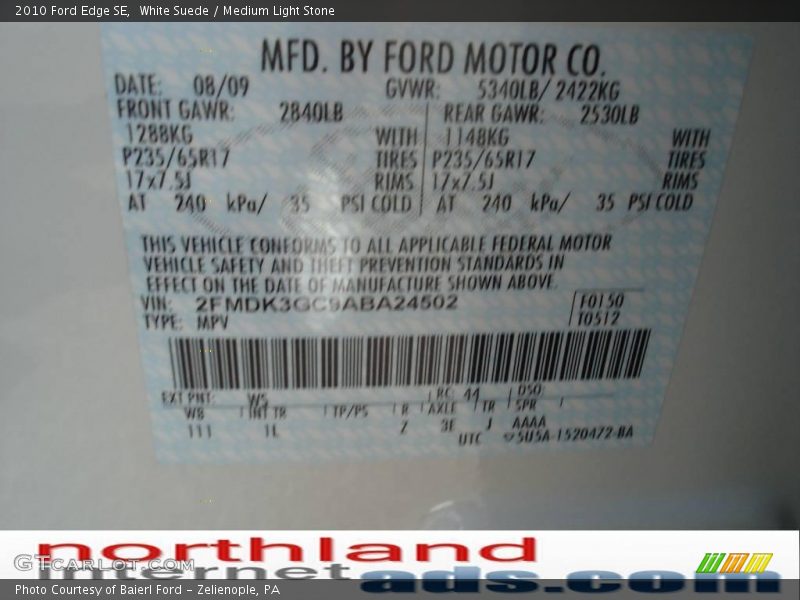 White Suede / Medium Light Stone 2010 Ford Edge SE