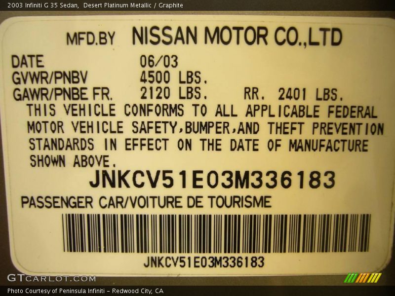 Desert Platinum Metallic / Graphite 2003 Infiniti G 35 Sedan