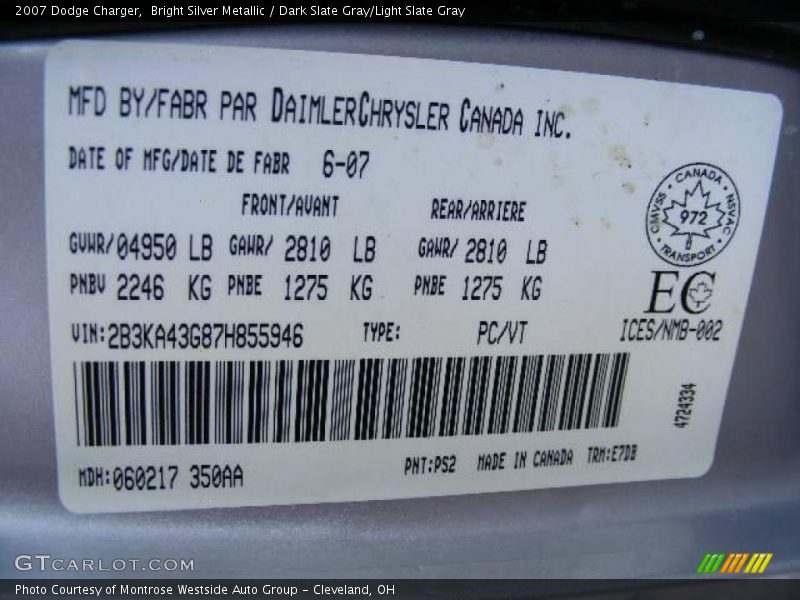 Bright Silver Metallic / Dark Slate Gray/Light Slate Gray 2007 Dodge Charger