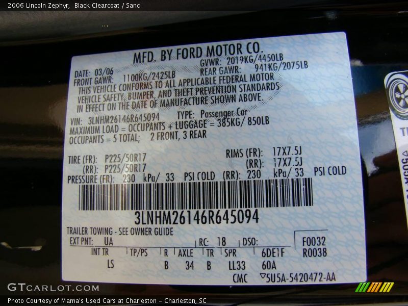 Black Clearcoat / Sand 2006 Lincoln Zephyr