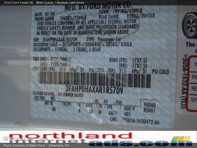 White Suede / Medium Light Stone 2010 Ford Fusion SE