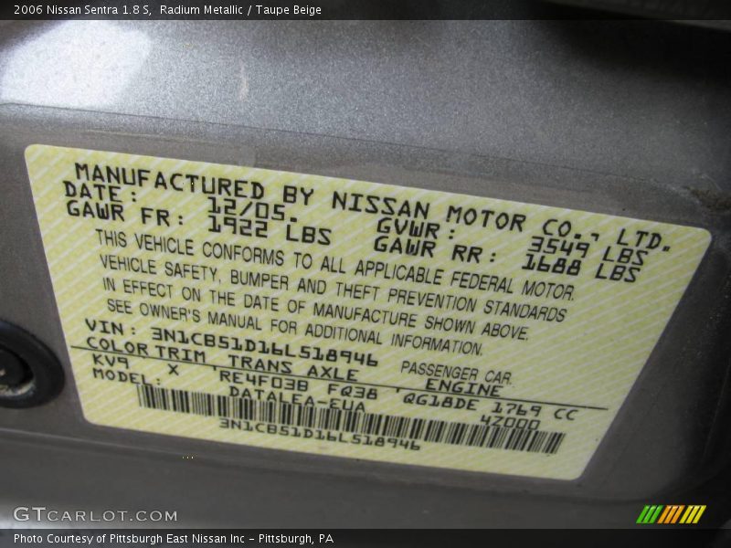 Radium Metallic / Taupe Beige 2006 Nissan Sentra 1.8 S