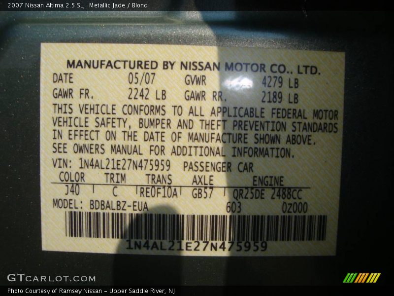 Metallic Jade / Blond 2007 Nissan Altima 2.5 SL