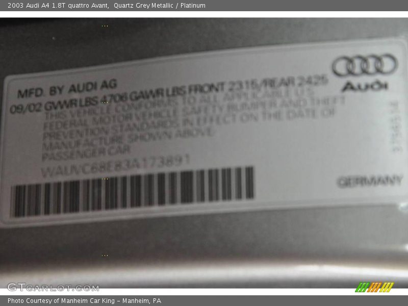 Quartz Grey Metallic / Platinum 2003 Audi A4 1.8T quattro Avant