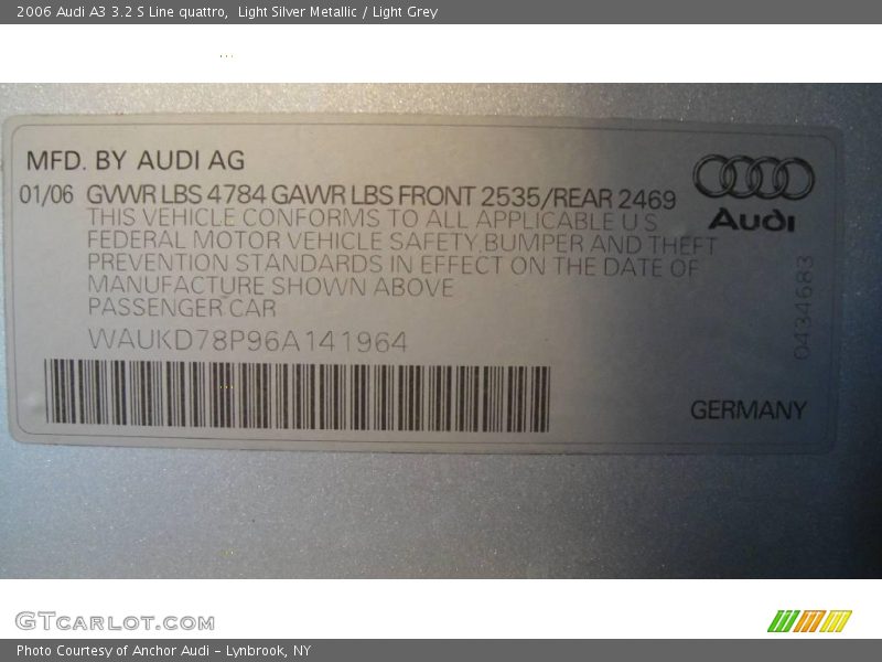 Light Silver Metallic / Light Grey 2006 Audi A3 3.2 S Line quattro