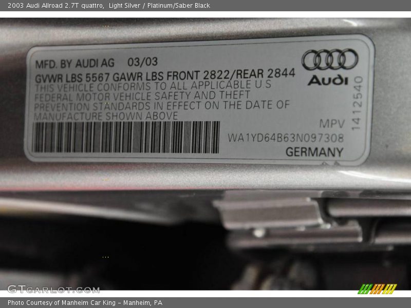 Light Silver / Platinum/Saber Black 2003 Audi Allroad 2.7T quattro