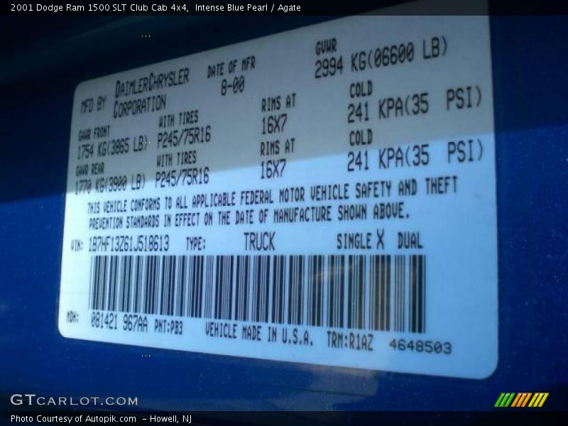 Intense Blue Pearl / Agate 2001 Dodge Ram 1500 SLT Club Cab 4x4