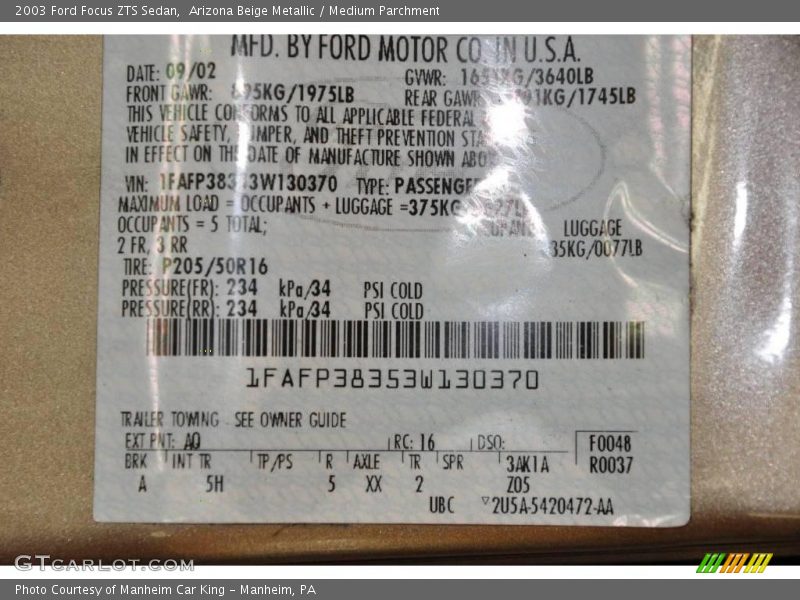 Arizona Beige Metallic / Medium Parchment 2003 Ford Focus ZTS Sedan