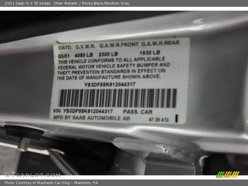 Silver Metallic / Rocky Black/Medium Gray 2001 Saab 9-3 SE Sedan