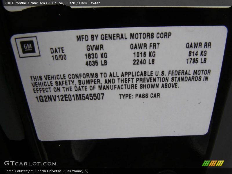 Black / Dark Pewter 2001 Pontiac Grand Am GT Coupe
