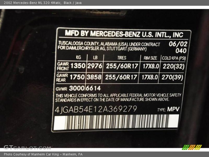 Black / Java 2002 Mercedes-Benz ML 320 4Matic