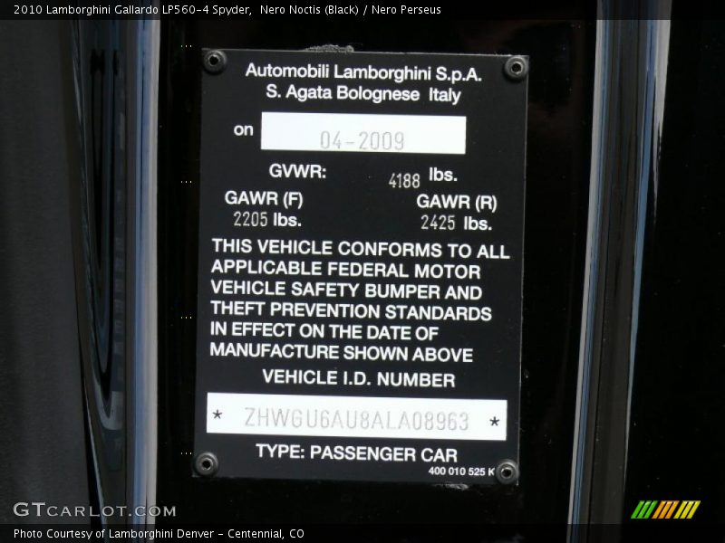 Info Tag of 2010 Gallardo LP560-4 Spyder