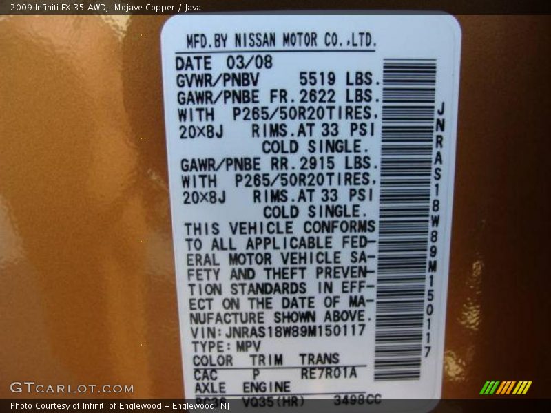 Mojave Copper / Java 2009 Infiniti FX 35 AWD