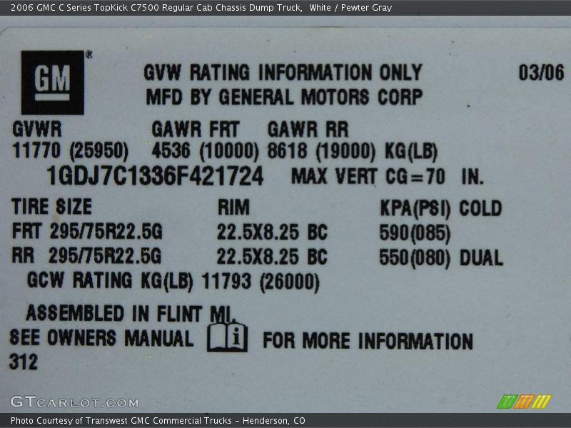 White / Pewter Gray 2006 GMC C Series TopKick C7500 Regular Cab Chassis Dump Truck