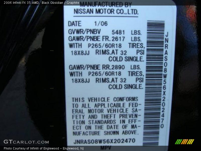 Black Obsidian / Graphite 2006 Infiniti FX 35 AWD