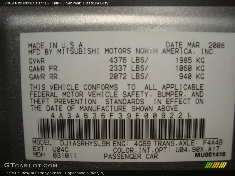 Quick Silver Pearl / Medium Gray 2009 Mitsubishi Galant ES