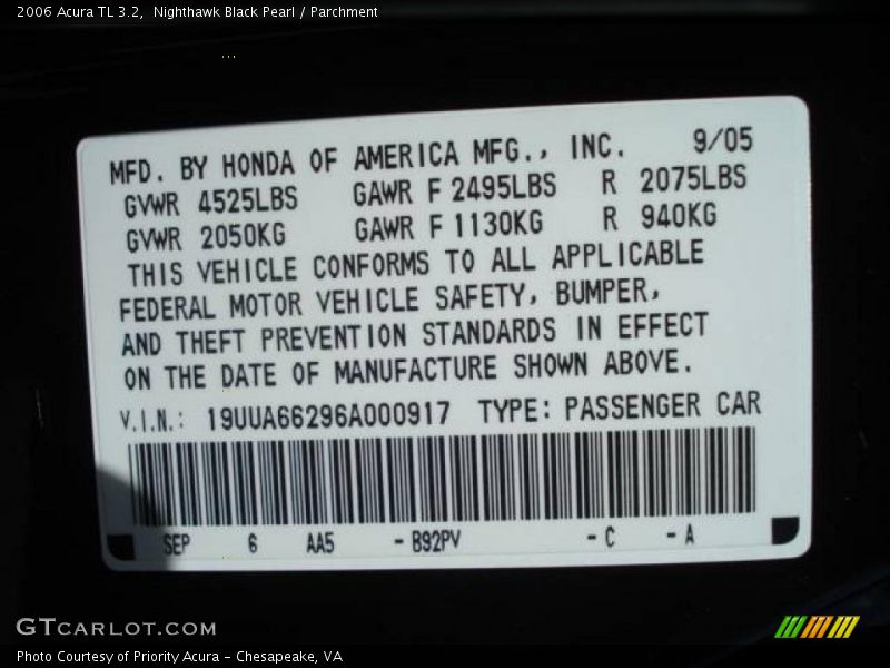 Nighthawk Black Pearl / Parchment 2006 Acura TL 3.2