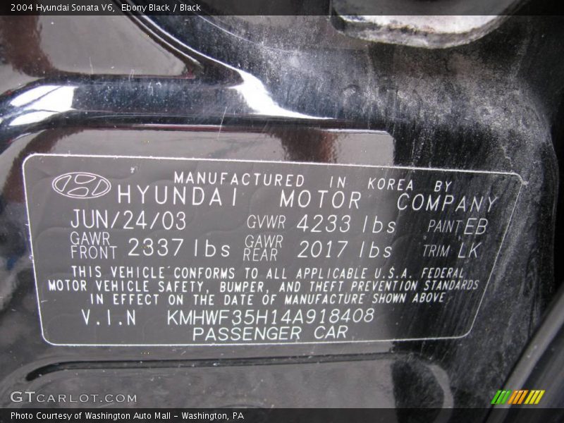 Ebony Black / Black 2004 Hyundai Sonata V6