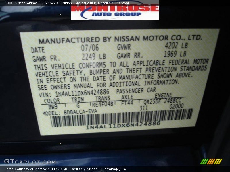 Majestic Blue Metallic / Charcoal 2006 Nissan Altima 2.5 S Special Edition