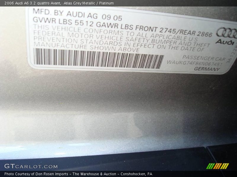 Atlas Grey Metallic / Platinum 2006 Audi A6 3.2 quattro Avant