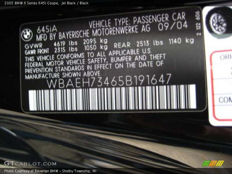 Jet Black / Black 2005 BMW 6 Series 645i Coupe