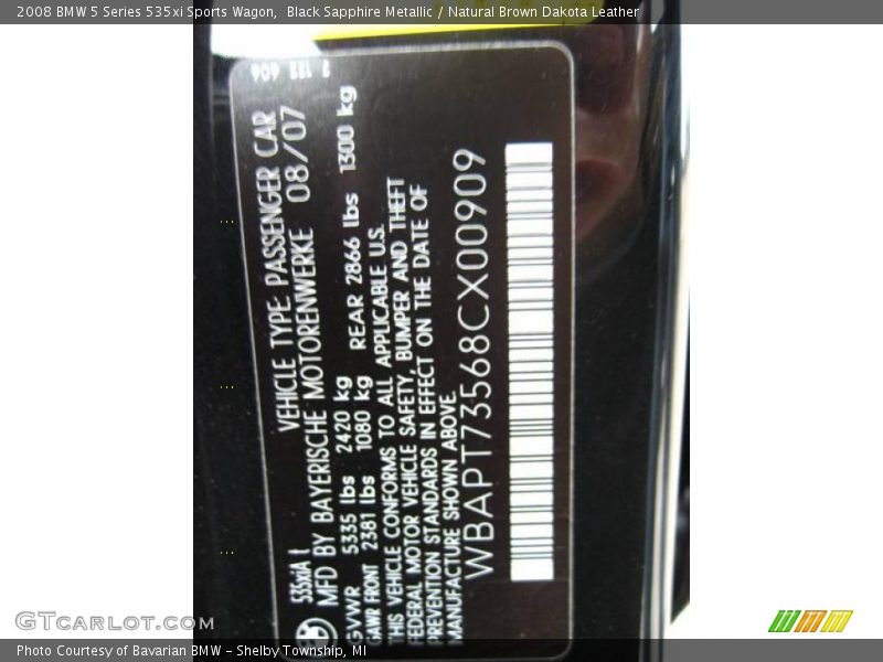Black Sapphire Metallic / Natural Brown Dakota Leather 2008 BMW 5 Series 535xi Sports Wagon