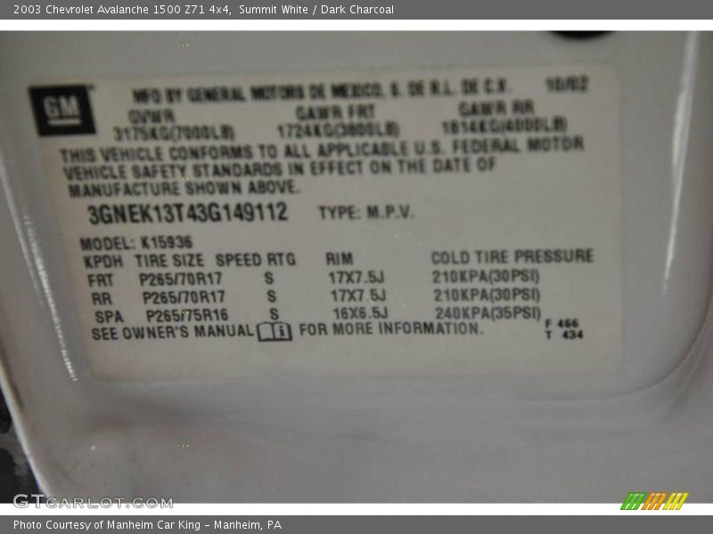 Summit White / Dark Charcoal 2003 Chevrolet Avalanche 1500 Z71 4x4
