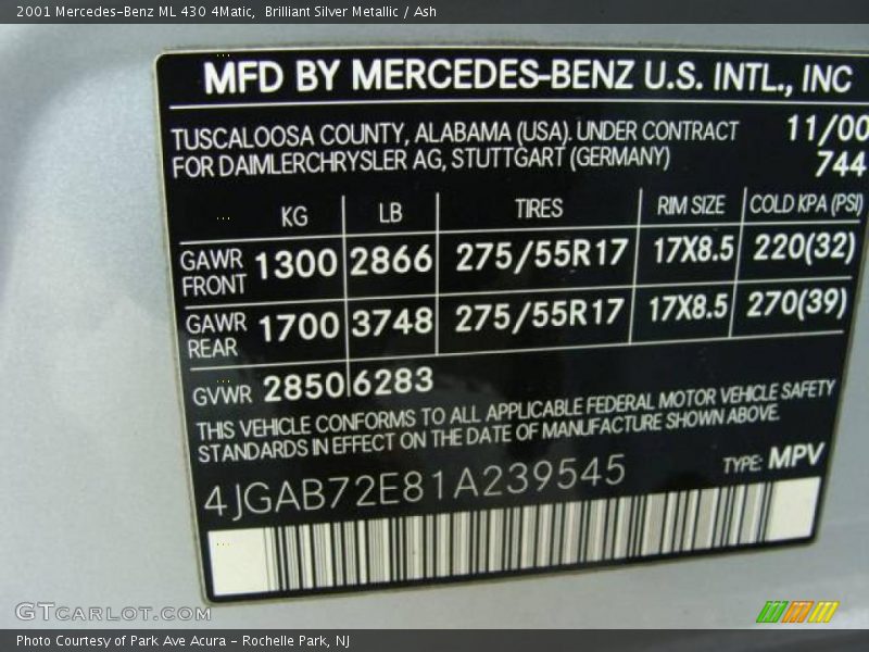 Brilliant Silver Metallic / Ash 2001 Mercedes-Benz ML 430 4Matic