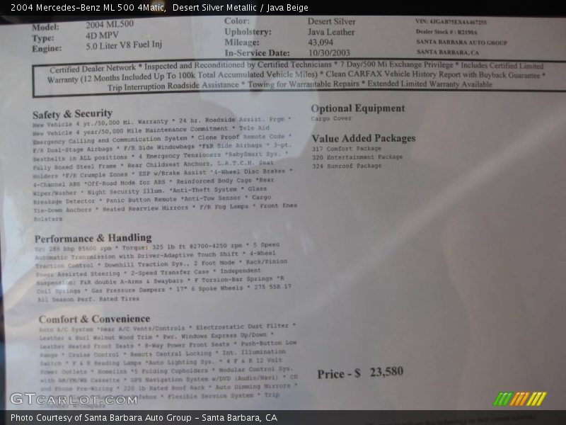 Desert Silver Metallic / Java Beige 2004 Mercedes-Benz ML 500 4Matic