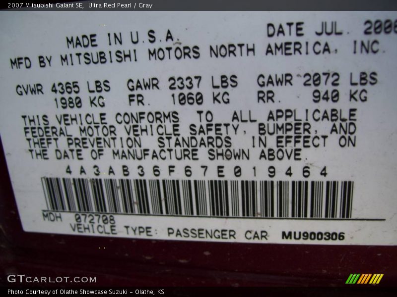 Ultra Red Pearl / Gray 2007 Mitsubishi Galant SE