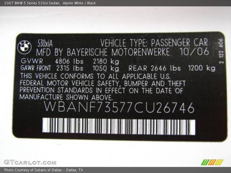 Alpine White / Black 2007 BMW 5 Series 530xi Sedan