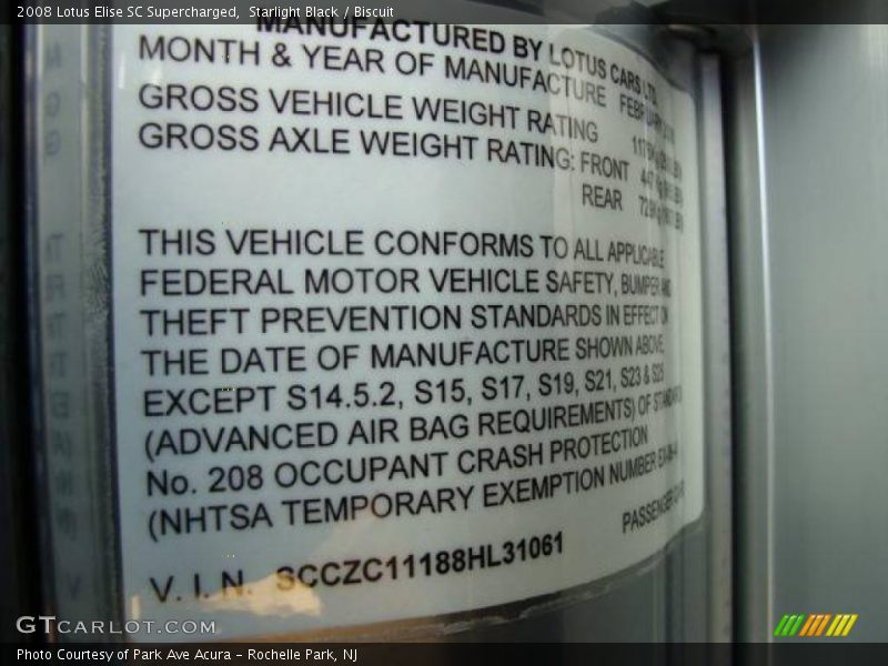 Info Tag of 2008 Elise SC Supercharged