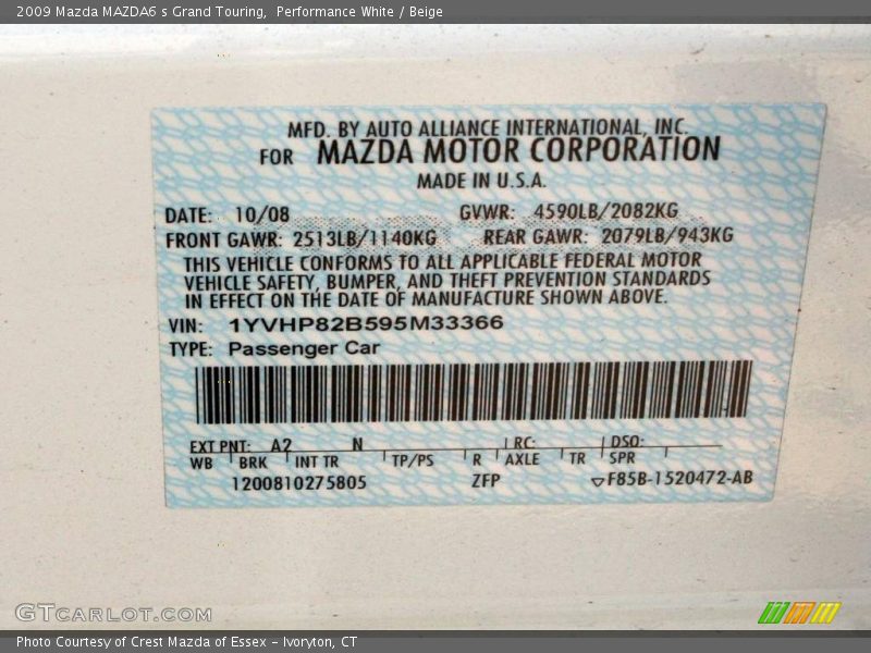 Performance White / Beige 2009 Mazda MAZDA6 s Grand Touring