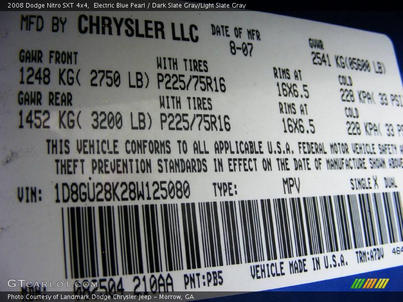 Electric Blue Pearl / Dark Slate Gray/Light Slate Gray 2008 Dodge Nitro SXT 4x4
